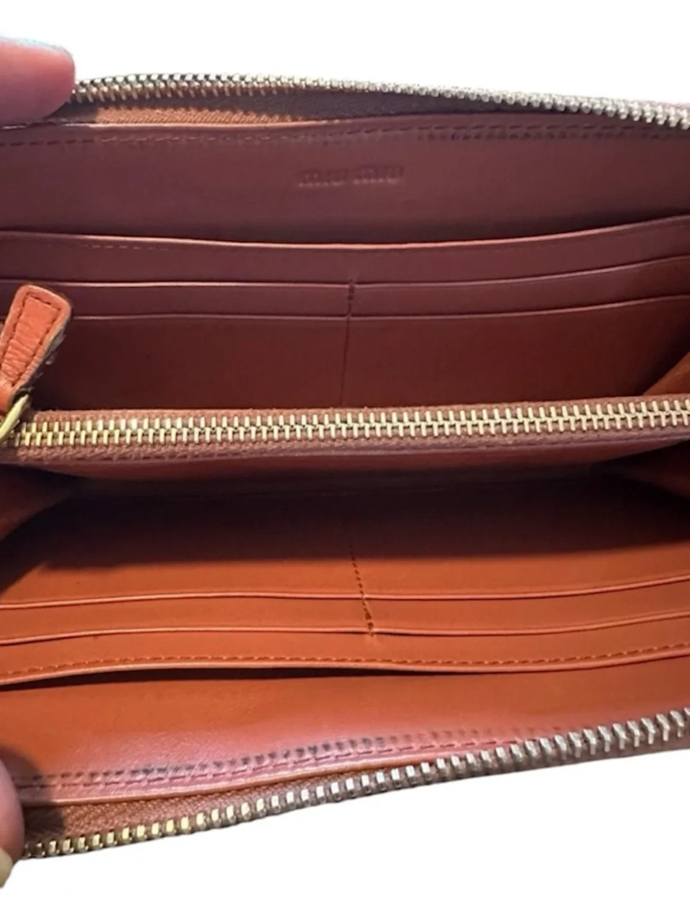 Miu Miu- Authentic 🍀 Croc-Embossed Patent Leather Zip Wallet in Cognac Brown